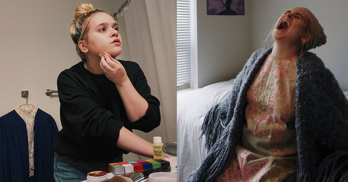 theatre student using makeup plot to prepare for rehearsal at home