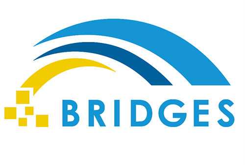 Blue and Yellow rainbow arches. BRIDGES Logo